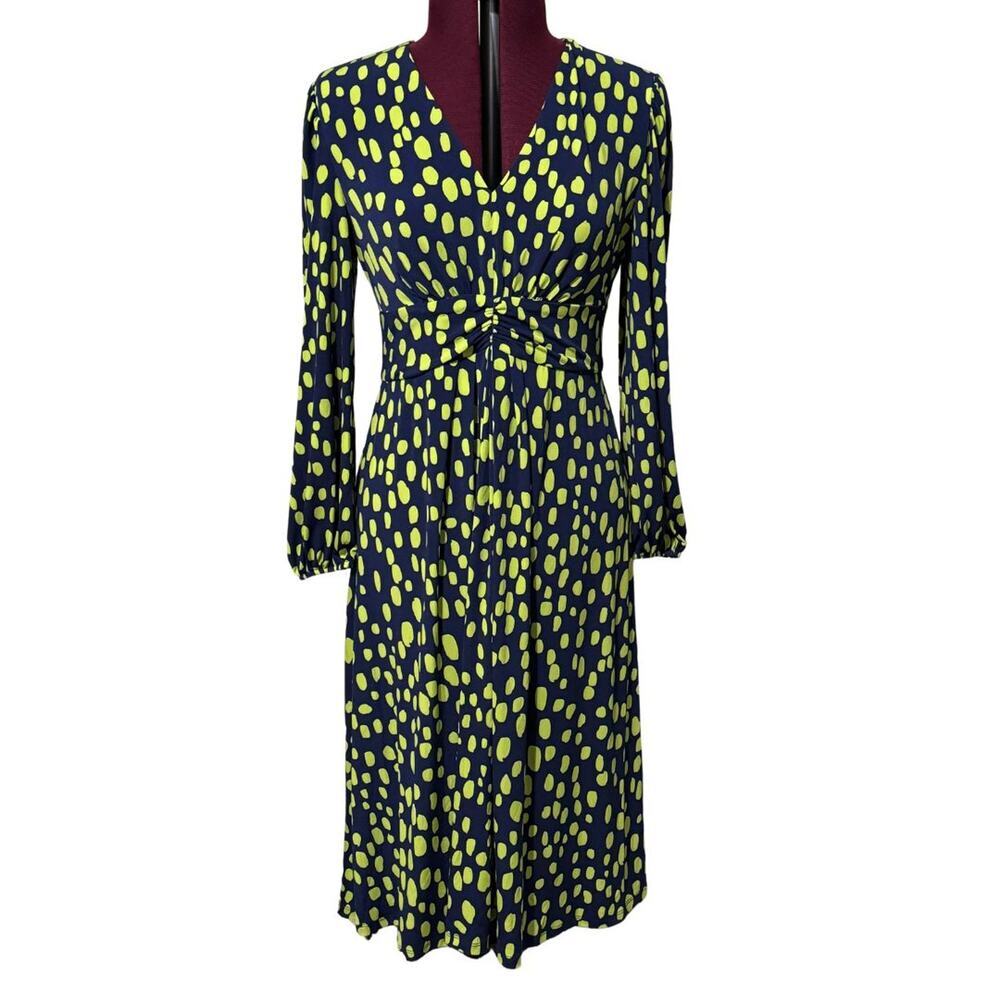 MAGGY LONDON Elorin Midi Dress 6P Petite Navy Bishop Sleeve Ruched NWT